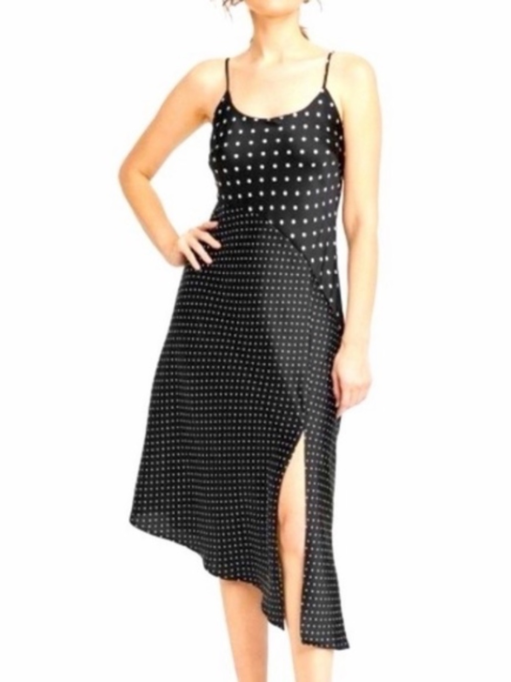 A New Day Black Polka Dot Asymmetric Midi Slip Dress High Slit 90s French Girl L
